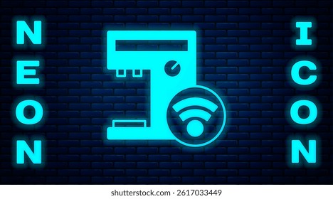 Glowing neon Smart coffee machine system icon isolated on brick wall background. Internet of things concept with wireless connection.  Vector