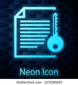 Glowing neon Smart contract icon isolated on brick wall background. Blockchain technology, cryptocurrency mining, bitcoin, altcoins, digital money market. Vector Illustration