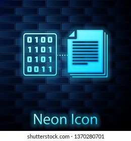 Glowing neon Smart contract icon isolated on brick wall background. Blockchain technology, cryptocurrency mining, bitcoin, altcoins, digital money market. Vector Illustration