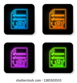 Glowing neon Smart contract icon isolated on white background. Blockchain technology, cryptocurrency mining, bitcoin, altcoins, digital money market. Black square button. Vector Illustration