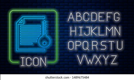 Glowing neon Smart contract icon isolated on brick wall background. Blockchain technology, cryptocurrency mining, bitcoin, altcoins, digital money market. Neon light alphabet. Vector Illustration