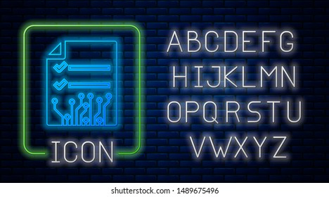 Glowing neon Smart contract icon isolated on brick wall background. Blockchain technology, cryptocurrency mining, bitcoin, altcoins, digital money market. Neon light alphabet. Vector Illustration