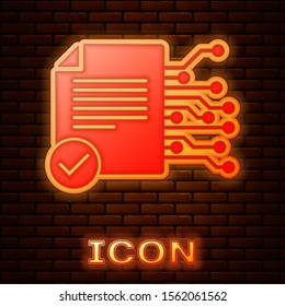 Glowing neon Smart contract icon isolated on brick wall background. Blockchain technology, cryptocurrency mining, bitcoin, altcoins, digital money market.  Vector Illustration