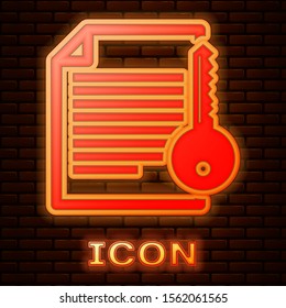 Glowing neon Smart contract icon isolated on brick wall background. Blockchain technology, cryptocurrency mining, bitcoin, altcoins, digital money market.  Vector Illustration