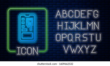 Glowing neon Smart control farming system mobile application icon isolated on brick wall background. Neon light alphabet. Vector Illustration
