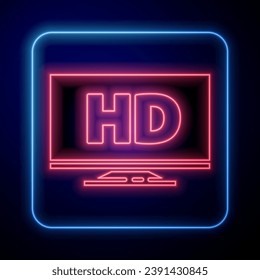 Glowing neon Smart display with HD video technology icon isolated on blue background.  Vector Illustration