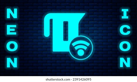Glühende Neon Smart Elektrokessel Symbol einzeln auf Backsteinwand Hintergrund. Teekocher Ikone. Internet der Dinge Konzept mit drahtloser Verbindung.  Vektorgrafik