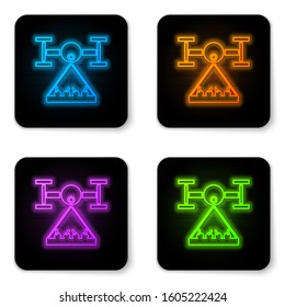 Glowing neon Smart farm with drone control collects harvest icon isolated on white background. Innovation technology for agricultural company. Black square button. Vector Illustration