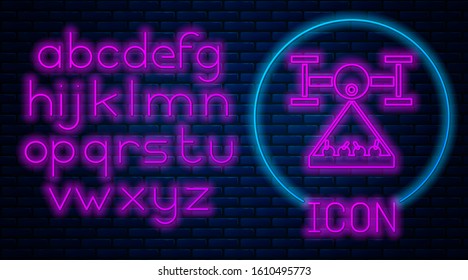 Glowing neon Smart farm with drone control collects harvest icon isolated on brick wall background. Innovation technology for agricultural company. Neon light alphabet. Vector Illustration