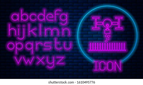 Glowing neon Smart farm with drone control for seed planting icon isolated on brick wall background. Innovation technology for agricultural company. Neon light alphabet. Vector Illustration