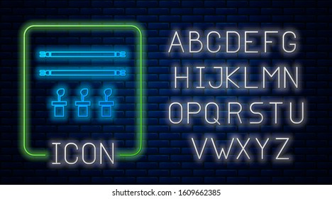 Glowing neon Smart farm with light bulb and plant symbol icon isolated on brick wall background. Neon light alphabet. Vector Illustration