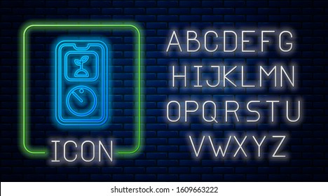 Glowing neon Smart farming technology - timer farm automation system in app icon isolated on brick wall background. Neon light alphabet. Vector Illustration