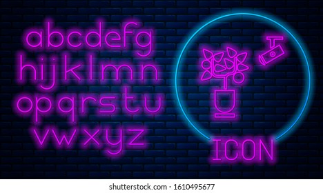 Glowing neon Smart farming technology - farm automation system in app icon isolated on brick wall background. Neon light alphabet. Vector Illustration