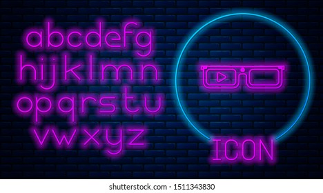 Glowing neon Smart glasses mounted on spectacles icon isolated on brick wall background. Wearable electronics smart glasses with camera and display. Neon light alphabet. Vector Illustration
