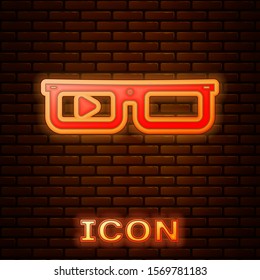 Glowing neon Smart glasses mounted on spectacles icon isolated on brick wall background. Wearable electronics smart glasses with camera and display.  Vector Illustration