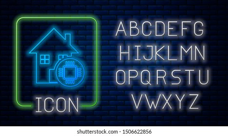 Glowing neon Smart home icon isolated on brick wall background. Remote control. Neon light alphabet. Vector Illustration
