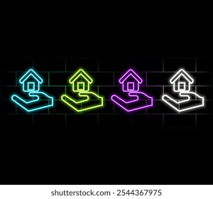 A glowing neon smart home icon floats above a tablet held by a hand on a dark background, representing smart home technology concept.