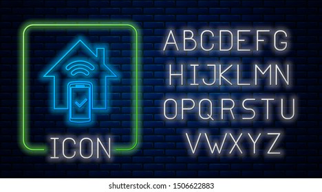 Glowing neon Smart home - remote control system icon isolated on brick wall background. Neon light alphabet. Vector Illustration