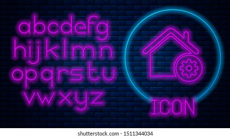 Glowing neon Smart home settings icon isolated on brick wall background. Remote control. Neon light alphabet. Vector Illustration