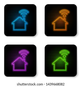 Glowing neon Smart home with wi-fi icon isolated on white background. Remote control. Black square button. Vector Illustration