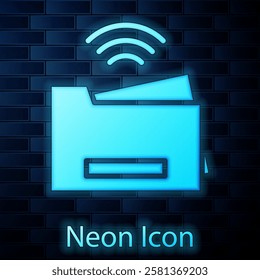 Glowing neon Smart printer system icon isolated on brick wall background. Internet of things concept with wireless connection.  Vector