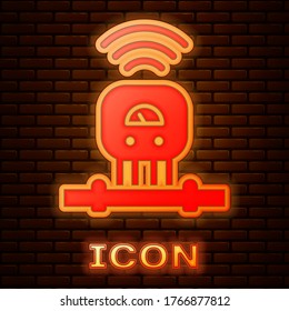 Glowing neon Smart sensor system icon isolated on brick wall background. Internet of things concept with wireless connection. Vector