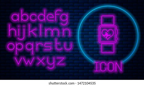 Glowing neon Smart watch showing heart beat rate icon isolated on brick wall background. Fitness App concept. Neon light alphabet. Vector Illustration