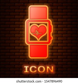 Glowing neon Smart watch showing heart beat rate icon isolated on brick wall background. Fitness App concept.  Vector Illustration