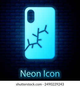 Glowing neon Smartphone with broken screen icon isolated on brick wall background. Shattered phone screen icon.  Vector