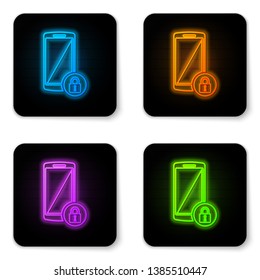 Glowing neon Smartphone with closed padlock icon isolated on white background. Phone with lock. Mobile security, safety, protection concept. Black square button. Vector Illustration