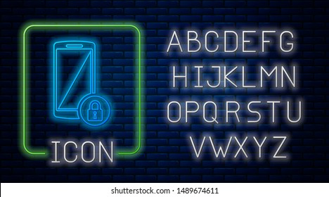 Glowing neon Smartphone with closed padlock icon isolated on brick wall background. Phone with lock. Mobile security, safety, protection concept. Neon light alphabet. Vector Illustration