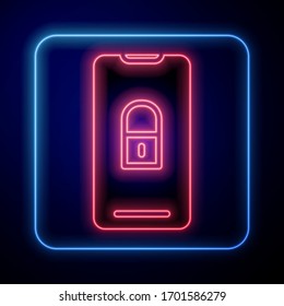 Glowing neon Smartphone with closed padlock icon isolated on blue background. Phone with lock. Mobile security, safety, protection concept.  Vector Illustration