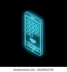 Glowing neon smartphone displaying operating system interface, concept of mobile technology and user experience