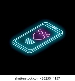 Glowing neon smartphone displaying pet care app with heart and paw print symbol, representing love and care for animals
