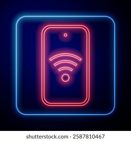 Glowing neon Smartphone with free wi-fi wireless connection icon isolated on blue background. Wireless technology, wi-fi connection, wireless network.  Vector