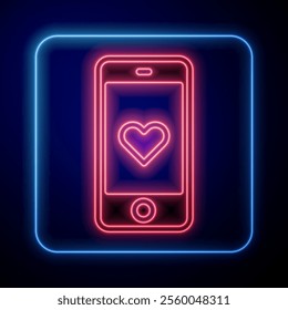 Glowing neon Smartphone with heart emoji speech bubble get message on screen icon isolated on blue background. Valentines day.  Vector