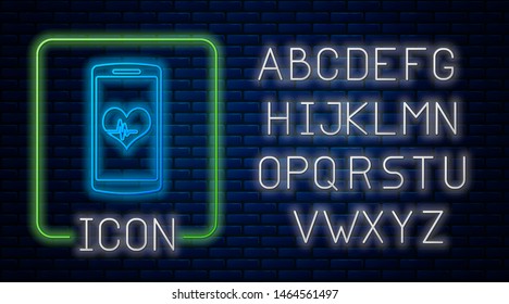 Glowing neon Smartphone with heart rate monitor function icon isolated on brick wall background. Neon light alphabet. Vector Illustration