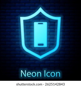 Glowing neon Smartphone, mobile phone with security shield icon isolated on brick wall background. Security, safety, protection concept.  Vector
