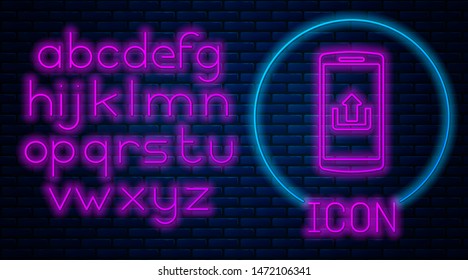 Glowing neon Smartphone with upload icon isolated on brick wall background. Neon light alphabet. Vector Illustration