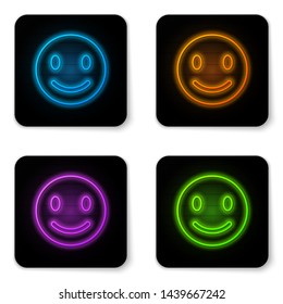 Glowing neon Smile face icon isolated on white background. Smiling emoticon. Happy smiley chat symbol. Black square button. Vector Illustration