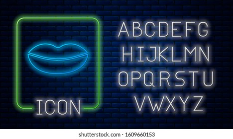 Glowing neon Smiling lips icon isolated on brick wall background. Smile symbol. Neon light alphabet. Vector Illustration