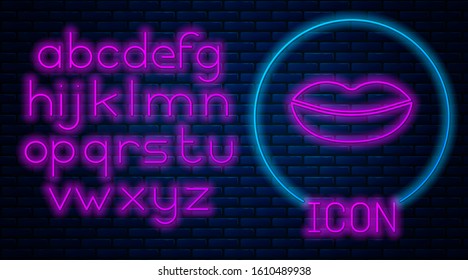 Glowing neon Smiling lips icon isolated on brick wall background. Smile symbol. Neon light alphabet. Vector Illustration
