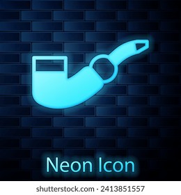 Glowing neon Smoking pipe icon isolated on brick wall background. Tobacco pipe.  Vector