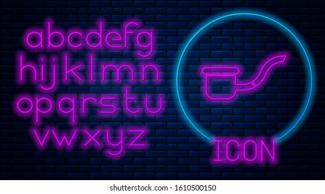 Glowing neon Smoking pipe with smoke icon isolated on brick wall background. Tobacco pipe. Neon light alphabet. Vector Illustration
