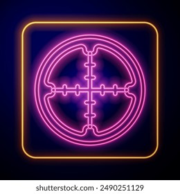 Glühendes neonfarbenes Schnipser-optisches Visier-Symbol auf schwarzem Hintergrund isoliert. Scharfschütze-Zielfernrohr Fadenkreuz.  Vektorgrafik