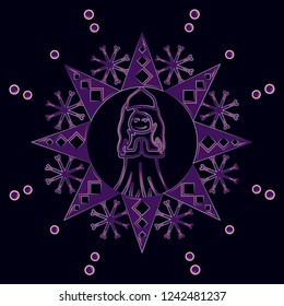 glowing neon snowflakes and snowmaiden in line style isolated on dark background 