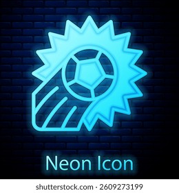 Glowing neon Soccer football ball icon isolated on brick wall background. Sport equipment.  Vector