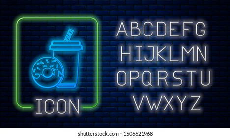 Glowing neon Soda drink with drinking straw and donut icon isolated on brick wall background. Fast food symbol. Neon light alphabet. Vector Illustration