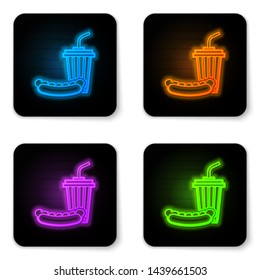Glowing neon Soda and hotdog icon isolated on white background. Fast food symbol. Black square button. Vector Illustration