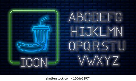 Glowing neon Soda and hotdog icon isolated on brick wall background. Fast food symbol. Neon light alphabet. Vector Illustration